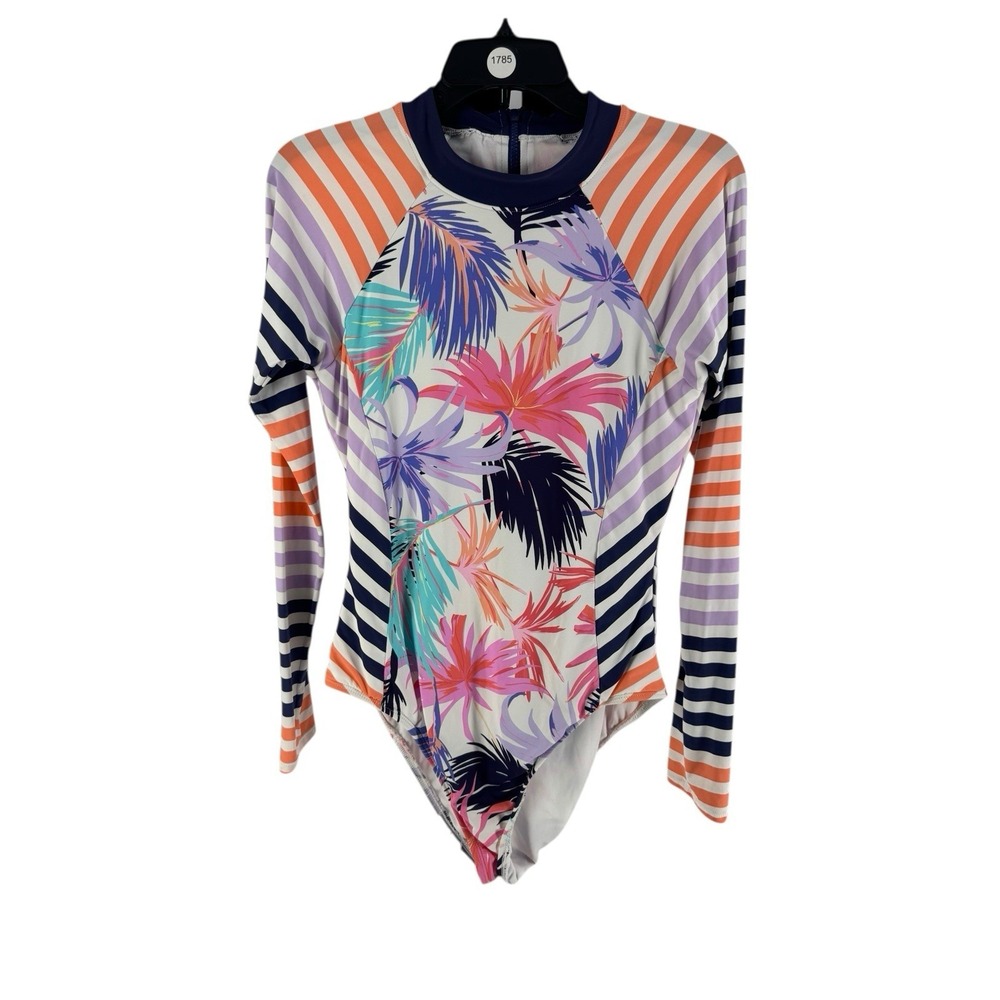 Hobie Women's White Printed Long Sleeve Bodysuit Swimsuit Size XL